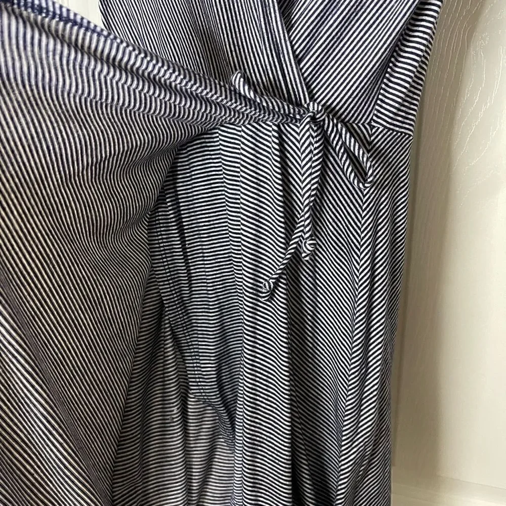 Blue and white striped faux wrap dress size M
